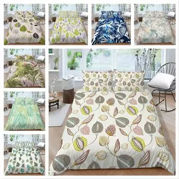 Семейное постельное белье, односпальная двуспальная кровать, полноразмерная серия с растительным принтом, постельное белье с узором в виде листьев, наволочка и пододеяльник, моющееся украшение для дома UK Single 135x200cm