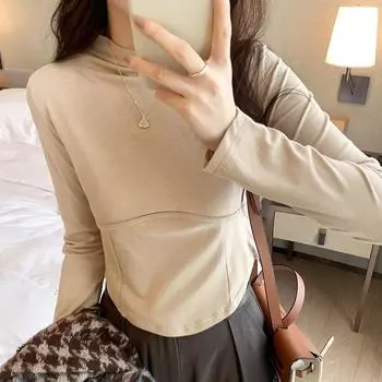 Женская весенне-осенняя новая облегающая укороченная рубашка с полувысоким воротником из протеинового бархата, мягкая к коже S