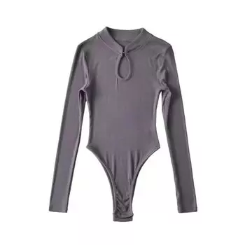Semi-High Stand Collar Long Sleeves Cut Out Women s T-shirt Hollowed out Hanging Buckle Silm Crotch One-Piece Pure Color Fashion New Bottoming Shirt Dark gray S