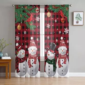 Semi-Shading Window Curtains, Christmas Snowman on Classic Buffalo Rod Pocket Window, 2 Panels Door Drapes, Winter 1x50W60H(CM)&Hook