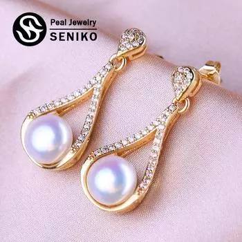 SENIKO 8-9 мм серьги с натуральным пресноводным жемчугом модные серьги для женщин серьги с кубическим цирконием CZ ювелирные изделия с жемчугом A