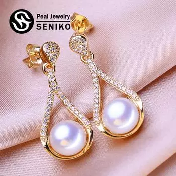 SENIKO 8-9 мм серьги с натуральным пресноводным жемчугом модные серьги для женщин серьги с кубическим цирконием CZ ювелирные изделия с жемчугом