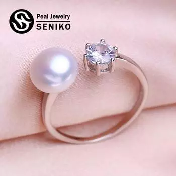 SENIKO двойной цвет натуральный пресноводный жемчуг кольца для женщин модные женские кольца с кубическим цирконием CZ ювелирные изделия с жемчугом регулируемое кольцо белый
