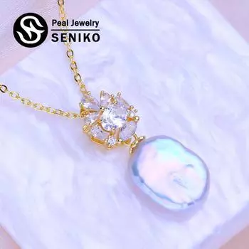 SENIKO натуральный пресноводный большой жемчуг в стиле барокко ожерелья для женщин модный кулон с кубическим цирконием с цепочкой подарок на день рождения золотой