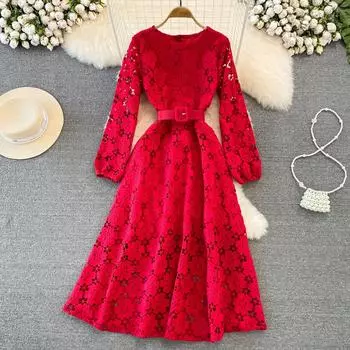 Senior Sense Light Роскошное темпераментное кружевное платье с длинными рукавами и круглым вырезом с закрытой талией для похудения