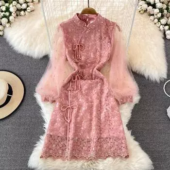 Senior Sense of Socialite Temperament Nail Bead Mesh Пряжа с длинными рукавами Тонкая улучшенная кружевная юбка с воротником Qipao S розовый