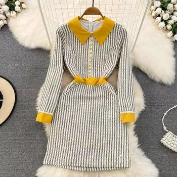 Senior Sense Retro Small Incense Ethos с длинными рукавами и воротником-поло, цветное платье с выпуклой талией, тонкое грубое женское платье с цветочным принтом