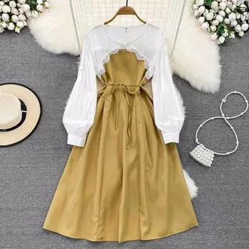 Senior Sense Temperament с длинным рукавом и круглым воротником, накладное платье из двух частей кружева, с эффектом талии, тонкое большое свободное платье