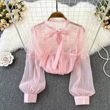 Senior Sense Temperament с галстуком-бабочкой и кружевом с блестками, шифоновая однобортная рубашка, повседневный топ