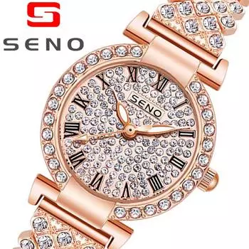 SENO Женские водонепроницаемые светящиеся кварцевые часы из розового золота с бриллиантами
