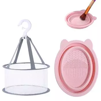 SensaBliss Makeup Brush Cleaning 2 Piece Collapsible Silica Gel Cleaning Brush Hanging Net for Cleaning Tool for Powder Large Quick Home Travel Use