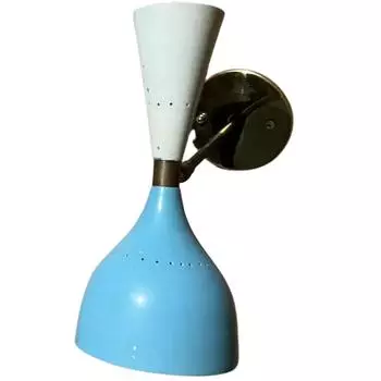 Сенсационное настенное бра Stilnovo 1950-х годов, двойной конус, сине-белый + латунь, Ital