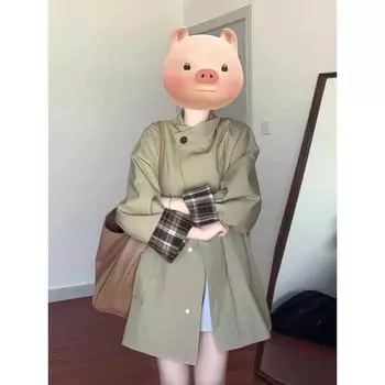 Sense color matching trench coat women s autumn new contrasting color versatile British style casual coat women S зеленые хаки