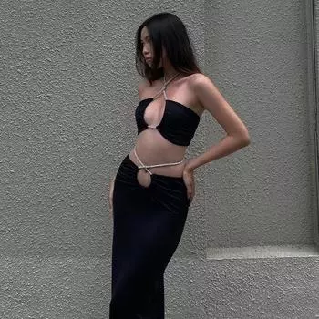 Sense Двухсекционный дизайн юбки Spice Girl в европейском и американском стиле Sense Облегающие модные платья с бретельками на бретельках с принтом S чёрный