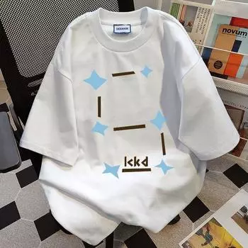 Sense of Design Stars Printed Round Neck T-shirt Men and Women Retro Pure Cotton Summer Fashion Trend Casual Comfy Couple Short Sleeve Top Harajuku S белый