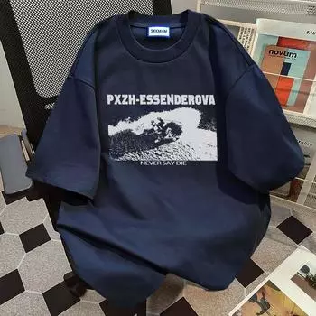 Sense of Design Wave Printed Round Neck T-shirt for Men and Women Pure Cotton Summer Fashion Trend Casual Comfy Couple Short Sleeve Top Harajuku S темно-синий