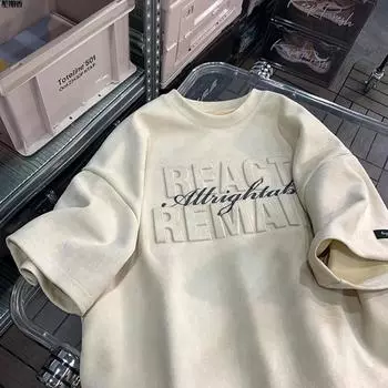 Sense of Design Замшевая футболка с буквенным принтом из стали для мужчин и женщин. Летняя модная тенденция. Повседневный удобный топ с короткими рукавами для пар. Harajuku. M чёрный