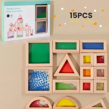 Sensory Wooden Building Blocks Set 15/23pcs Acrylic Rainbow Construction Toys, Made of Beechwood, Perfect for STEM Learning Gifts,Christmas 15PCS sensory building blocks