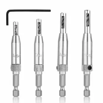 SeonFook Center Drill Hinge Drill Set Bit Set HSS Hex Shaft Drill Bit Woodworking Drilling Positioning Drill 4-Piece 6.35mm 5/64 + 7/64 + 9/64