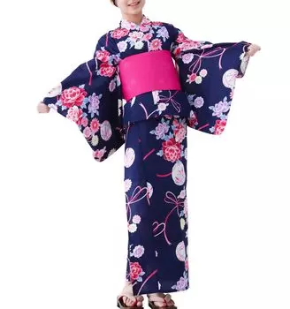 Separate Set with 130 Junior Dark Blue x Shocking Pink [Yurakuan] Children s Yukata, Girls Obi, (24 Obi, 130)