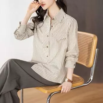 September Momo French Style Design Loose Stripes Shirt Women 2025 Spring New Arrival Commute Minimalist Elegant Tops Khaki XL(Suggested 57.50 kg-65.00 kg)