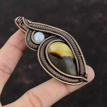 Септрианский кулон, кулон из медной проволоки, кулон с радужным лунным камнем, ювелирные изделия ручной работы, кулон с драгоценным камнем, изысканные медные ювелирные изделия, подарок для мамы