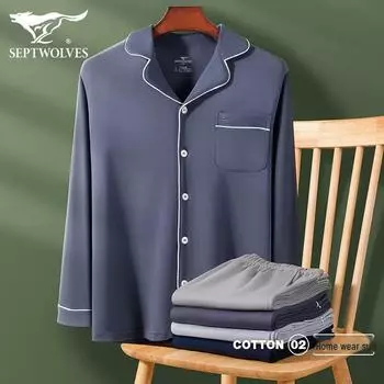 Septwolves Мужская пижамная одежда из чистого хлопка, однотонная, с открытым передом и длинными рукавами