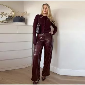 Sequin Burgundy Red Pants Women Loose Elastic High Waist Wide Leg Trousers Female 2025 Spring Autumn Fashion Pant Streetwear Lady S бордовый
