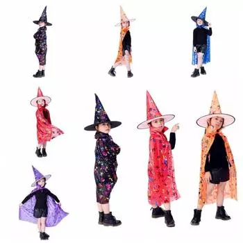 Sequin Halloween Clothing Star Witch Cloak Cape Robe Funny Witch Cloak Cape with Hat Show Plays синий