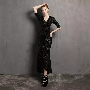 Sequin Slim-Fit Long-Sleeve V-neck Dress Black((18339#)) XL
