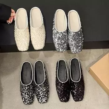 Sequined low-heeled bag head half-drag women s shoes to wear outside the spring and summer of 2024 new flat-bottomed fashion casual Muller slippers 35 чёрный