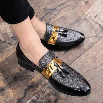 sequined pointed leather shoes spring and autumn new outer wear low-top sleeve fringed men s casual leather shoes 2351 38