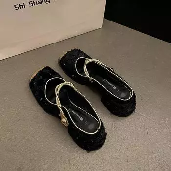 Sequined princess style shallow mouth Mary Jane shoes women s spring and summer new thick heel square head temperament versatile single shoes 35