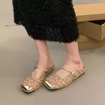 Sequined silver bag head half slippers women s 2025 spring and summer new Xiaoxiangfeng Korean version temperament Mary Jane single shoes wome 35 абрикосовый
