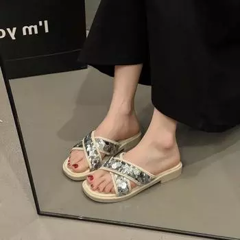 Sequins are beautiful, flat-bottomed cool slippers, women s summer outer wear, new models with skirts, fashionable beach flip-flops 35