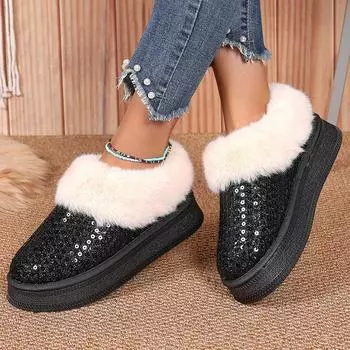 Sequins Decor Platform Snow Boots Women Fashion Keep Warm Faux Fur Winter Boots Woman Shiny Fuffly Furry Ankle Boots Ladies 42 36 серебряный