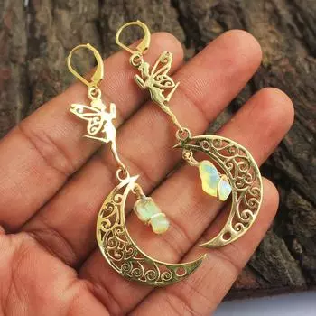 Серьга «Фея на луне» из стерлингового серебра с позолоченным эфиопским опалом