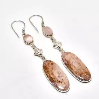 Серьга Laguna с кружевным агатом и розовым кварцем 925 пробы, посеребренная, 3,03 дюйма