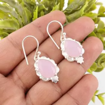 Серьга с драгоценным камнем розовый халцедон, серебро 925 пробы с клеймом, ручная работа, модная бижутерия EE-163-19