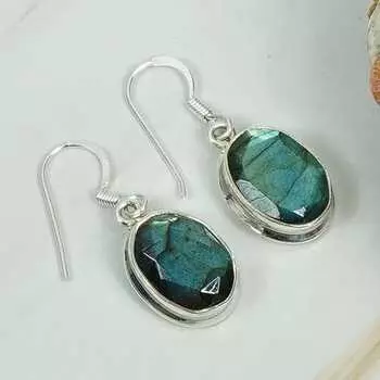 Серьга с лабрадоритом, Серьга из стерлингового серебра 925 пробы, Серьга ручной работы, Подарок для нее, Серьга с камнем-талисманом