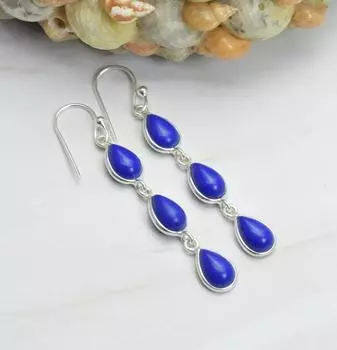 Серьга с лазуритом, серьга из чистого стерлингового серебра 925 пробы, подарок для нее, серьга в стиле бохо, серьга ручной работы