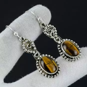 Серьга «Тигровый глаз», серьги из стерлингового серебра 925 пробы, серьги ручной работы, овальные серьги с драгоценными камнями «Тигровый глаз», подарок для матери, серьги с драгоценными камнями 1.96