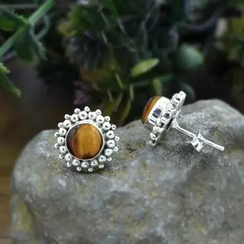 Серьга тигровый глаз, ювелирное изделие из стерлингового серебра, маленькая серьга-гвоздик в минималистском стиле