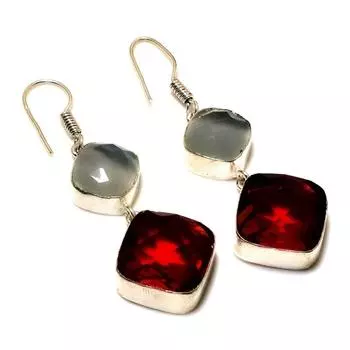 Серьги 2,08 дюйма с мозамбикским гранатом и халцедоном, посеребренные 925 пробы