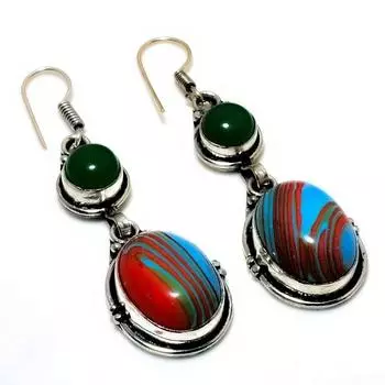 Серьги 2,27 дюйма с радужным кальцинированным зеленым ониксом 925 пробы, посеребренные