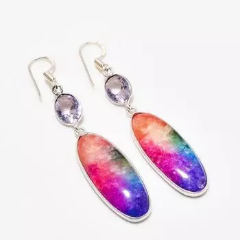 Серьги 2,46 дюйма с радужным солнечным кварцем и розовым кунцитом 925 пробы с посеребренным покрытием