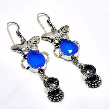 Серьги 2,65 дюйма с синим халцедоном и белым топазом, посеребренные 925 пробы