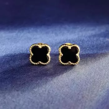 Серьги 7 мм с четырьмя листочками клевера и черным агатом из стерлингового серебра 925 пробы, позолоченные 14 карат чёрный