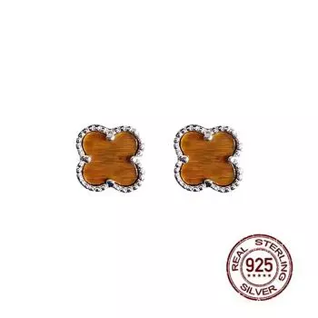 Серьги 7 мм с четырьмя листочками клевера и тигровым глазом из стерлингового серебра 925 пробы, коричневые платиновые серьги коричневый