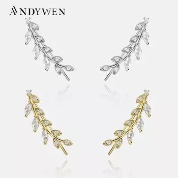 Серьги ANDYWEN из стерлингового серебра 925 пробы с золотыми листьями, цирконом и фианитом, длинные 22,5 мм, простые роскошные серьги, весна 2023, подарок на День святого Валентина M